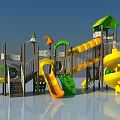 Colorful Outdoor Playground Equipment with Yellow Green Orange Slides Platforms and Stairs