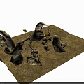 Desert Terrain With Unique Shaped Rocks Yellow Objects And Dry Trees