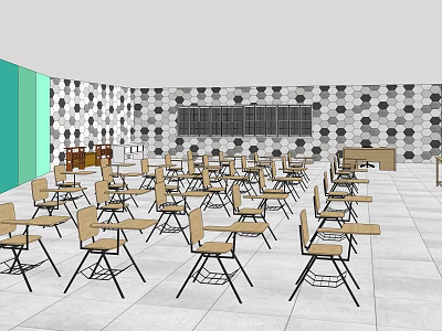 School Classroom Interior With Wooden Desks Chairs And Geometric Patterned Walls 3d model