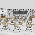 School Classroom Interior With Wooden Desks Chairs And Geometric Patterned Walls