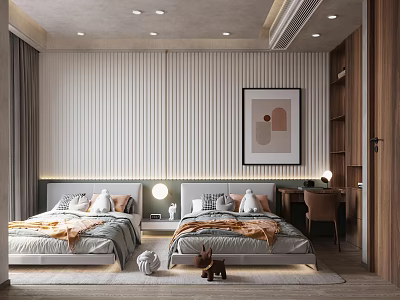 Luxurious Bedroom Interior With Twin Beds Striped Wall Decorative Artwork Wooden Bookshelf And Bedside Lamps 3d model