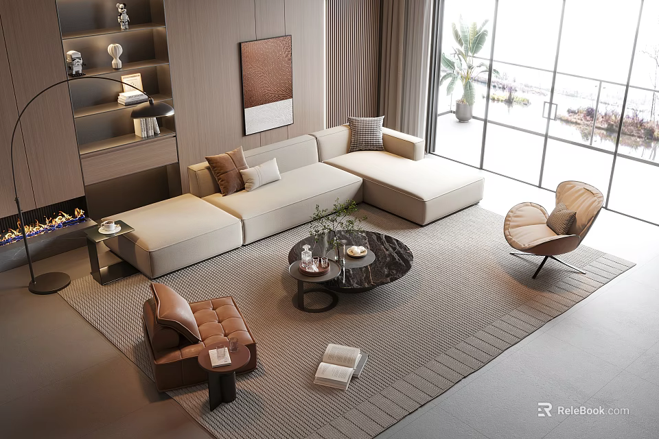 Modern L Shaped Beige Sofa and Round Coffee Table Set With Armchairs Area Rug and Decorative Plants 3d model 