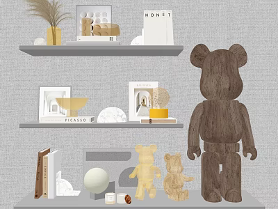 Decorative Ornament Collection With Tiered Shelves Bear Figurines Art Frames Pampas Grass And Spherical Decor 3d model