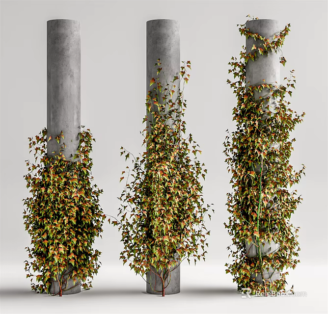 Lush Vines With Green And Orange Leaves Climbing On Gray Pillars 3d model 
