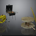 Outdoor Grilling Setup With Portable Grill Yellow Cart Wooden Round Table And Surfboard