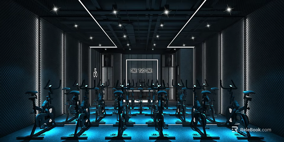 Spin Bikes In Modern Gym Studio With Dark Interior And Blue Lighting 3d model