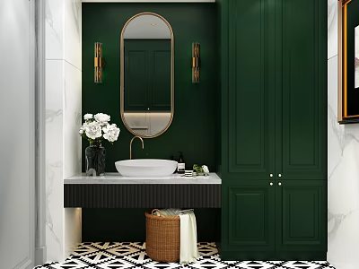 Modern Luxury Dark Green Bathroom With Oval Gold Mirror White Vessel Sink And Tall Cabinets 3d model
