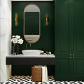 Modern Luxury Dark Green Bathroom With Oval Gold Mirror White Vessel Sink And Tall Cabinets