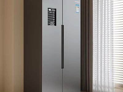 Modern Kitchen Open Concept Double Door Silver Refrigerator Freezer In Bright Lighting With Curtains 3d model