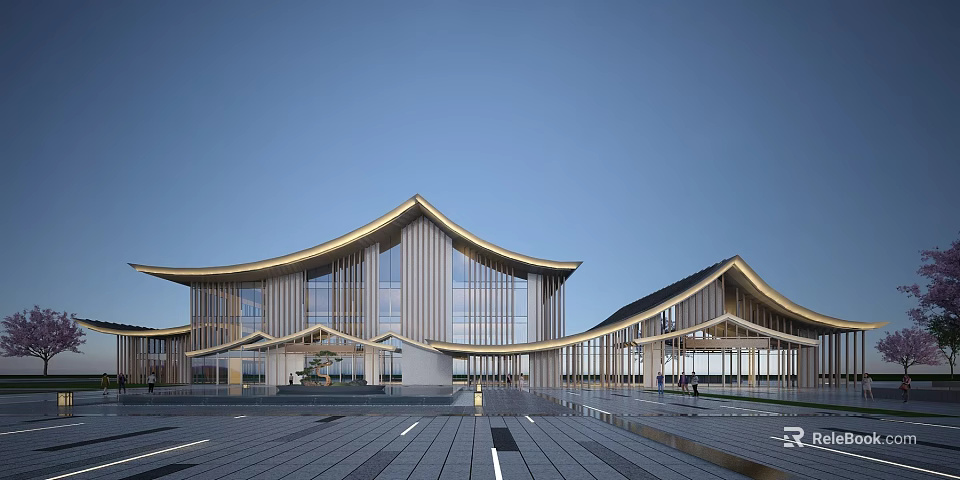 Modern Commercial Complex Architectural Design With Curved Roof Glass Facade And Open Plaza 3d model 