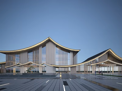 Modern Commercial Complex Architectural Design With Curved Roof Glass Facade And Open Plaza 3d model
