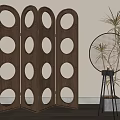 Wooden Room Divider With Circular Cutouts And Folding Panels On Wooden Floor