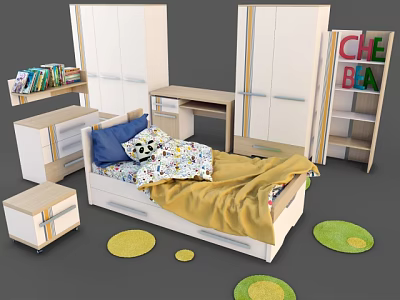 Kids Bed with Yellow Blanket Blue Pillow Wardrobe Desk Bookshelf and Green Rugs 3d model