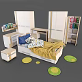 Kids Bed with Yellow Blanket Blue Pillow Wardrobe Desk Bookshelf and Green Rugs