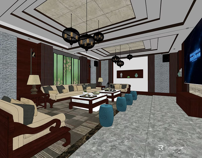 KTV Lounge Interior With Comfortable Sofas Coffee Tables Chandeliers And TV Screen 3d model