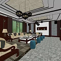 KTV Lounge Interior With Comfortable Sofas Coffee Tables Chandeliers And TV Screen 3d model