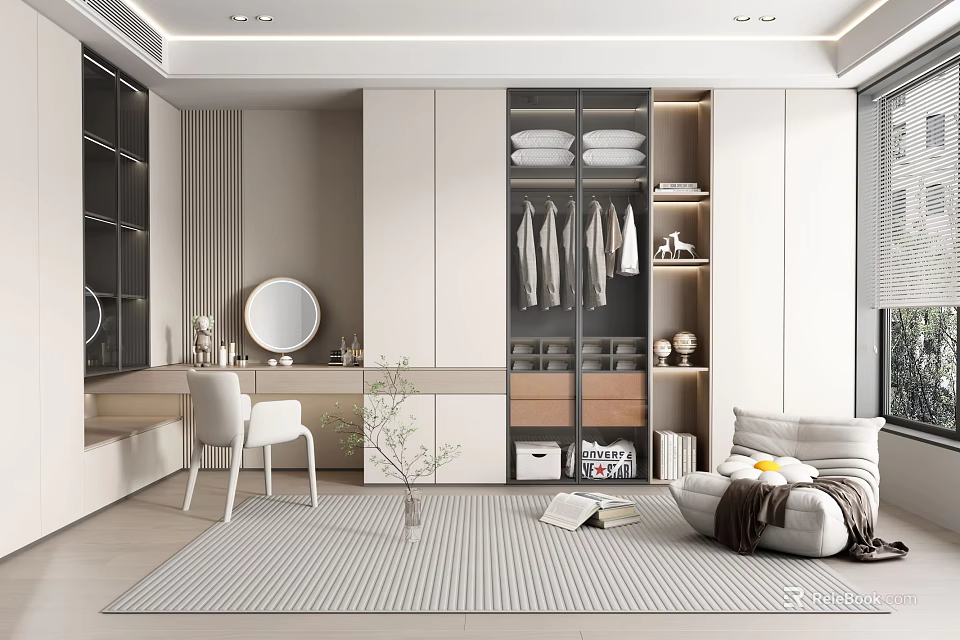 Modern Walk in Closet Interior With White Cabinets Clothing Rack Mirror And Chair 3d model 