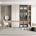 Modern Walk in Closet Interior With White Cabinets Clothing Rack Mirror And Chair