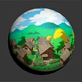 Cartoon Scene With Thatched Cottages Dirt Path Green Mountains Blue Sky White Clouds Yellow Tree And Flowers