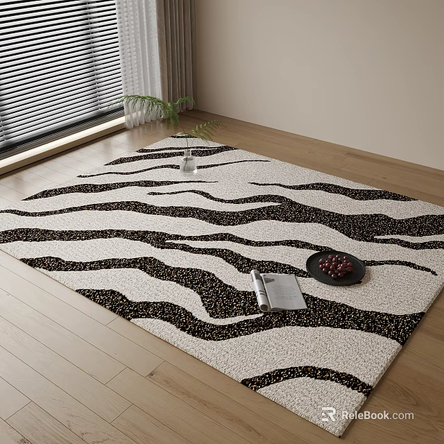 Stylish Square Carpet With Black And White Wavy Stripes On Wooden Floor 3d model 