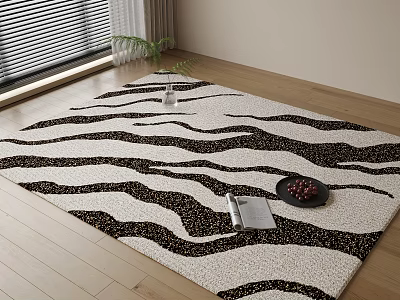 Stylish Square Carpet With Black And White Wavy Stripes On Wooden Floor 3d model