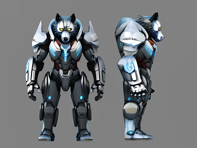 Futuristic Wolf Like Mechanical Robot With Silver Blue Armor And Dual Views 3d model