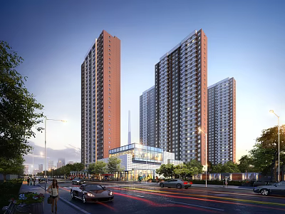 Multiple Modern High Rise Residential Buildings With Street Trees Cars And Ground Floor Commercial Areas 3d model