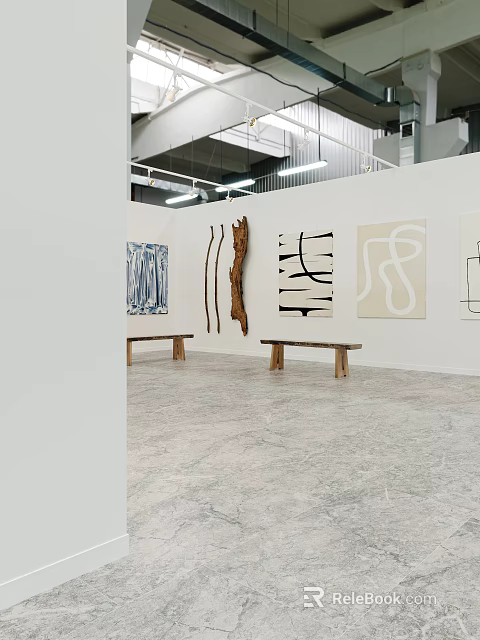 Modern Art Exhibition Space With Abstract Paintings Wooden Benches And White Walls 3d model 