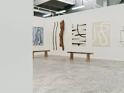 Modern Art Exhibition Space With Abstract Paintings Wooden Benches And White Walls 3d model