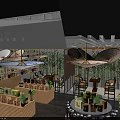 Chinese Specialty Store Interior Featuring Hanging Lanterns Wooden Shelves Green Plants And Round Counters
