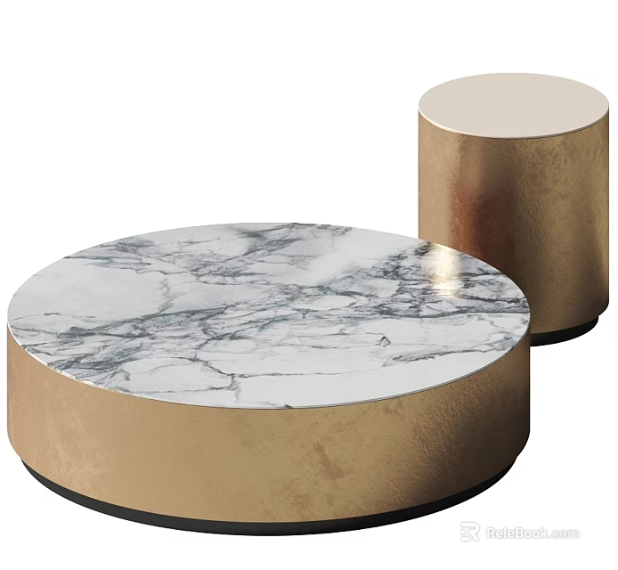 Round Coffee Table With Marble Top And Gold Base Plus Cylindrical Gold Coffee Table 3d model
