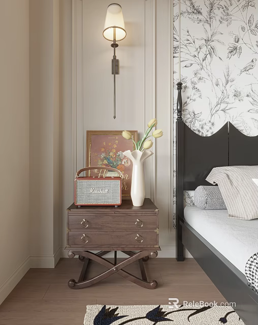 Wooden Bedside Table With Vintage Radio White Vase And Yellow Tulips Beside Black Bed 3d model 