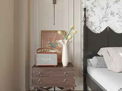 Wooden Bedside Table With Vintage Radio White Vase And Yellow Tulips Beside Black Bed 3d model