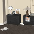 Dark Wooden Bedside Tables with Table Lamps Alarm Clock Books and Radio in Modern Bedroom