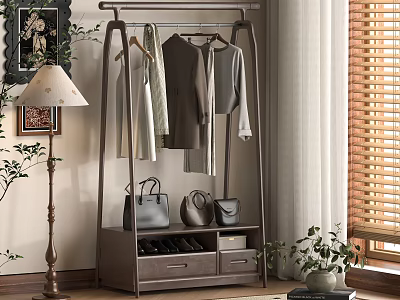 Modern Indoor Clothing Rack with Hanging Clothes Drawers Bags Shoes Plants and Floor Lamp 3d model