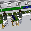Industrial Equipment Production Line With Workers Operating Machinery And Blue Containers