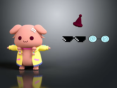 Cute Pink Cartoon Game Movie Character Wearing Yellow Coat With Decorative Hats Sunglasses And Glasses 3d model