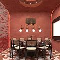 Private Dining Box Interior Design With Round Table Chandelier Decorative Chairs And Patterned Carpet 3d model