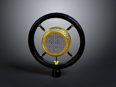 Black and Gold Microphone Shock Mount with Mesh Grid and Stand Base for Audio Recording 3d model