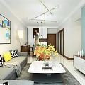 Modern Dining and Living Room Interior With Dining Table Chairs Hanging Lights Wall Art Sofa