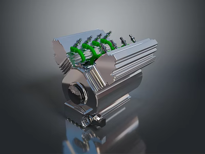 Shiny Silver Metallic Mechanical Part With Green Coiled Structures And Metal Bolts 3d model