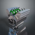 Shiny Silver Metallic Mechanical Part With Green Coiled Structures And Metal Bolts