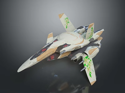 Decorative Model Fighter Jet With White Brown Body And Green Leaf Wing Patterns 3d model