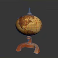 Vintage Orange Globe With Wooden Curved Stand And Red Meridians Parallels