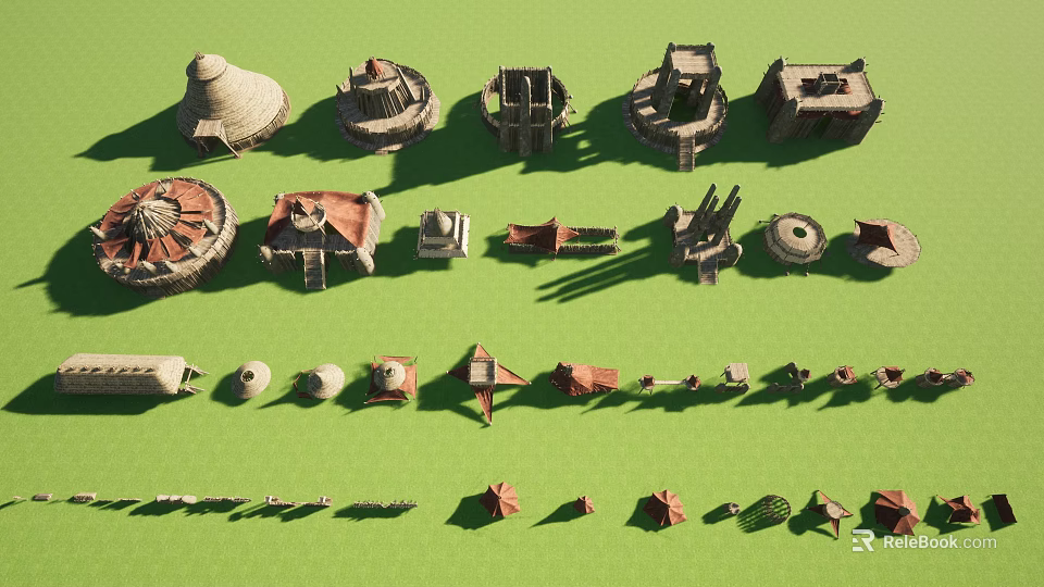 Ancient Architectural Models With Various Shapes And Styles On Green Surface 3d model