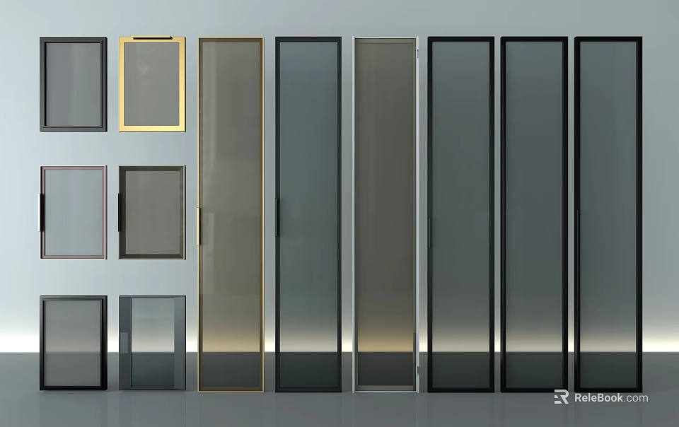 Modern Glass Doors In Various Sizes With Golden And Black Frames 3d model 