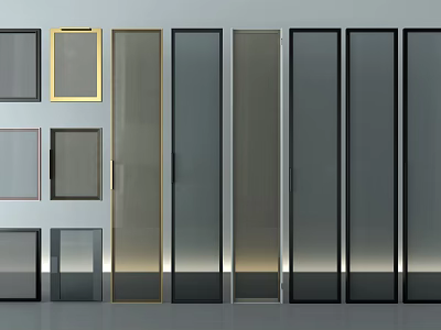 Modern Glass Doors In Various Sizes With Golden And Black Frames 3d model