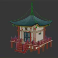 Cartoon Scenery Japanese Pavilion With Turquoise Roof Red Railings White Walls Hanging Lanterns And Steps