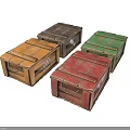 Assorted Colored Wooden Crates With Orange Brown Red Green Hues And Metal Handles White Labels