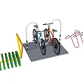 Bicycles Parked On Colorful Racks With Green Yellow Red Metal Structures
